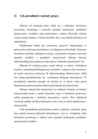 Strona 8 pracy „Nazwy sprzętów kuchennych, produktów spożywczych i posiłków w polszczyźnie mówionej mieszkańców Draganowej koło Dukli”