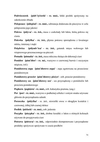 Strona 74 pracy „Nazwy sprzętów kuchennych, produktów spożywczych i posiłków w polszczyźnie mówionej mieszkańców Draganowej koło Dukli”