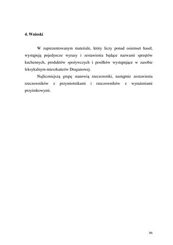Strona 86 pracy „Nazwy sprzętów kuchennych, produktów spożywczych i posiłków w polszczyźnie mówionej mieszkańców Draganowej koło Dukli”