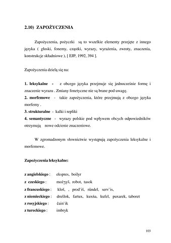 Strona 103 pracy „Nazwy sprzętów kuchennych, produktów spożywczych i posiłków w polszczyźnie mówionej mieszkańców Draganowej koło Dukli”