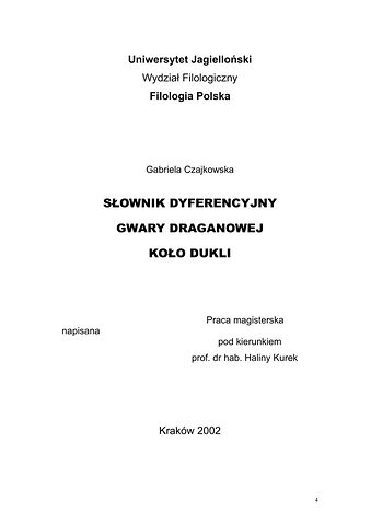Strona 1 pracy „Słownik dyferencyjny gwary Draganowej koło Dukli”