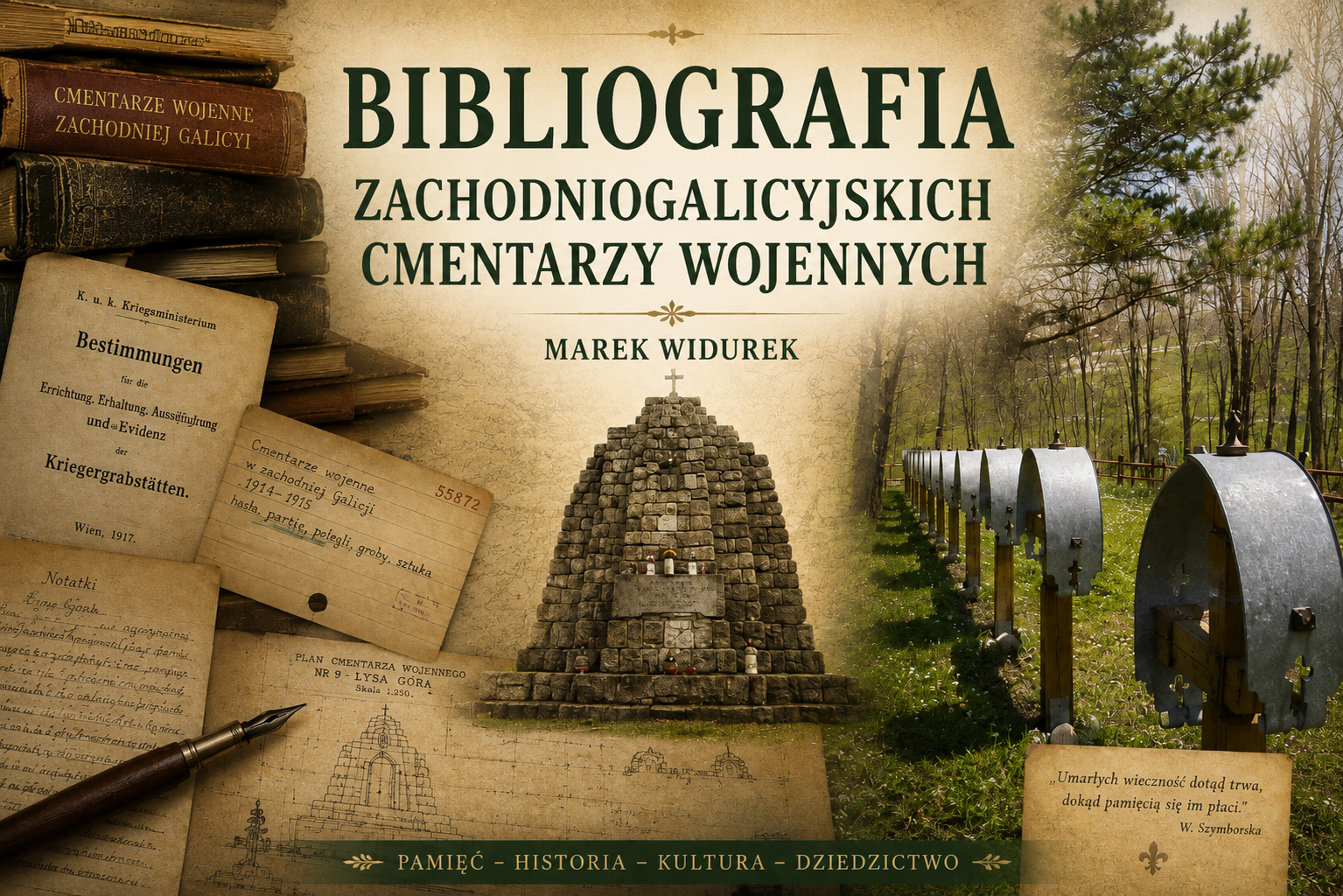 Bibliografia Zachodniogalicyjskich Cmentarzy Wojennych Marka Widurka — dekoracyjny nagłówek z książkami, dokumentami, planami i fotografią cmentarza